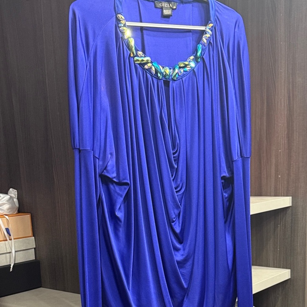 Chic Blue Women's Blouse with Jewel Accents